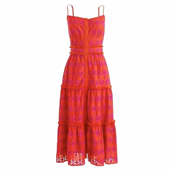 J. Crew Dresses & Skirts - J. Crew Button-Up Tiered Embroidered Floral Eyelet Orange Pink Midi Dress Size 0